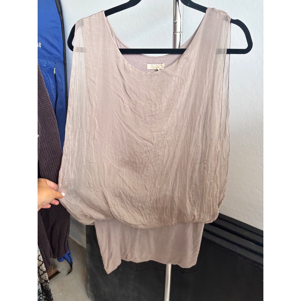 Silk Layered Tank Top Italian Sheer Draped Sleeveless beige Giusy Italy M